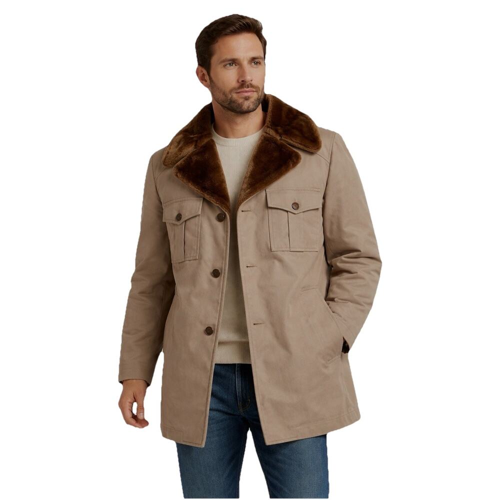 Vintage London Fog Mens 40R Tan Car Coat Faux Fur Collar Pile Lined Overcoat